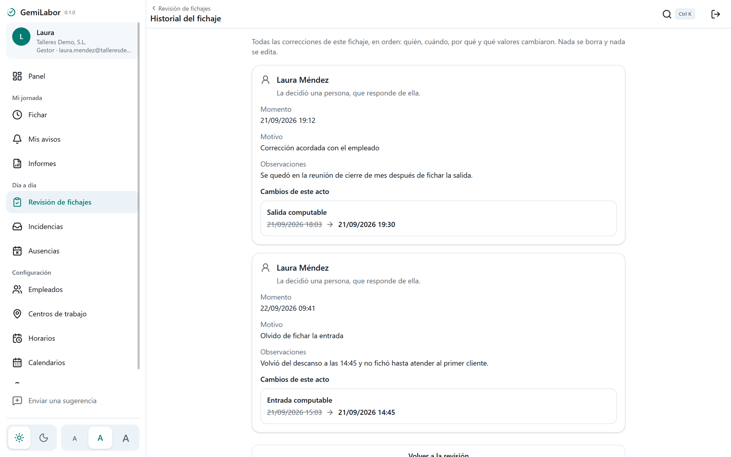 Historial de correcciones de un fichaje