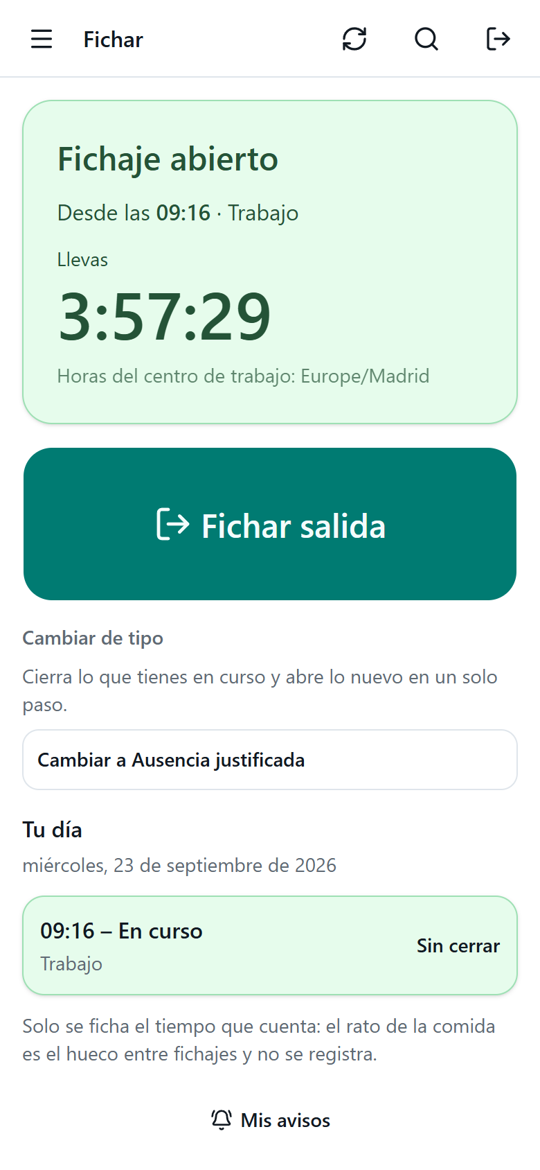 El terminal de fichaje en un teléfono